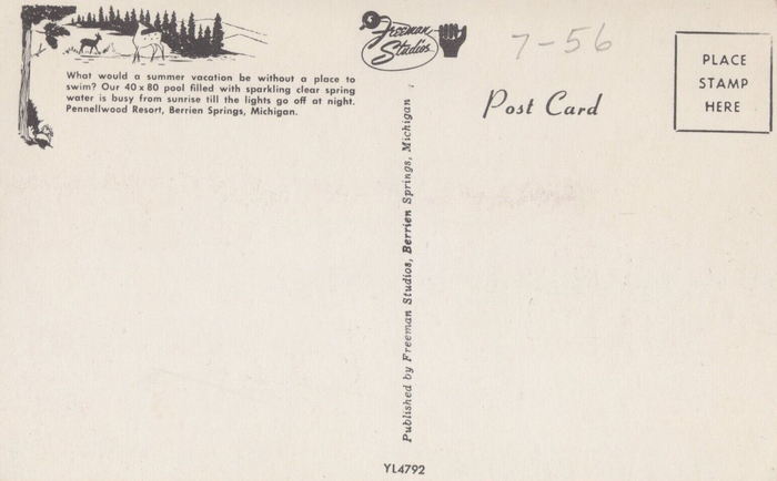 Pennellwood Resort - Old Postcard Back
